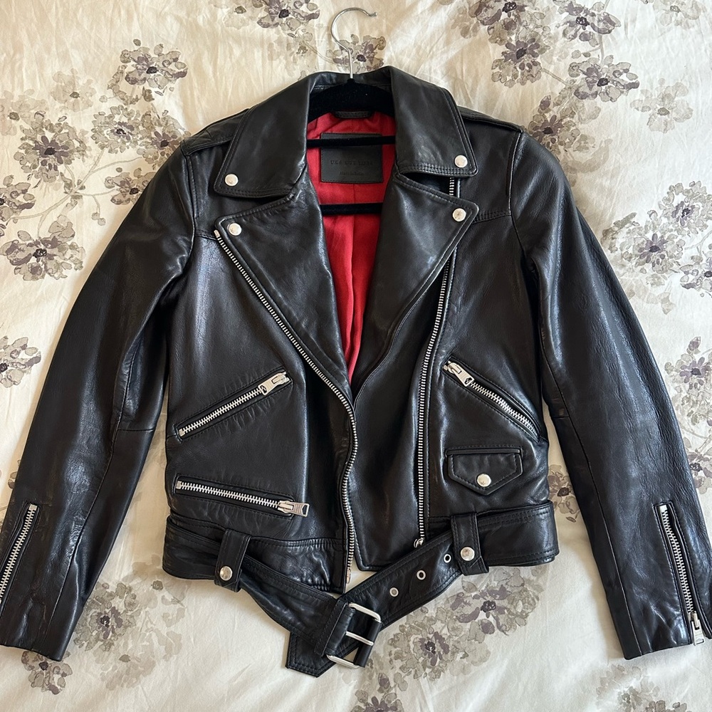 All Saints Black and Red Leather Biker Jacket